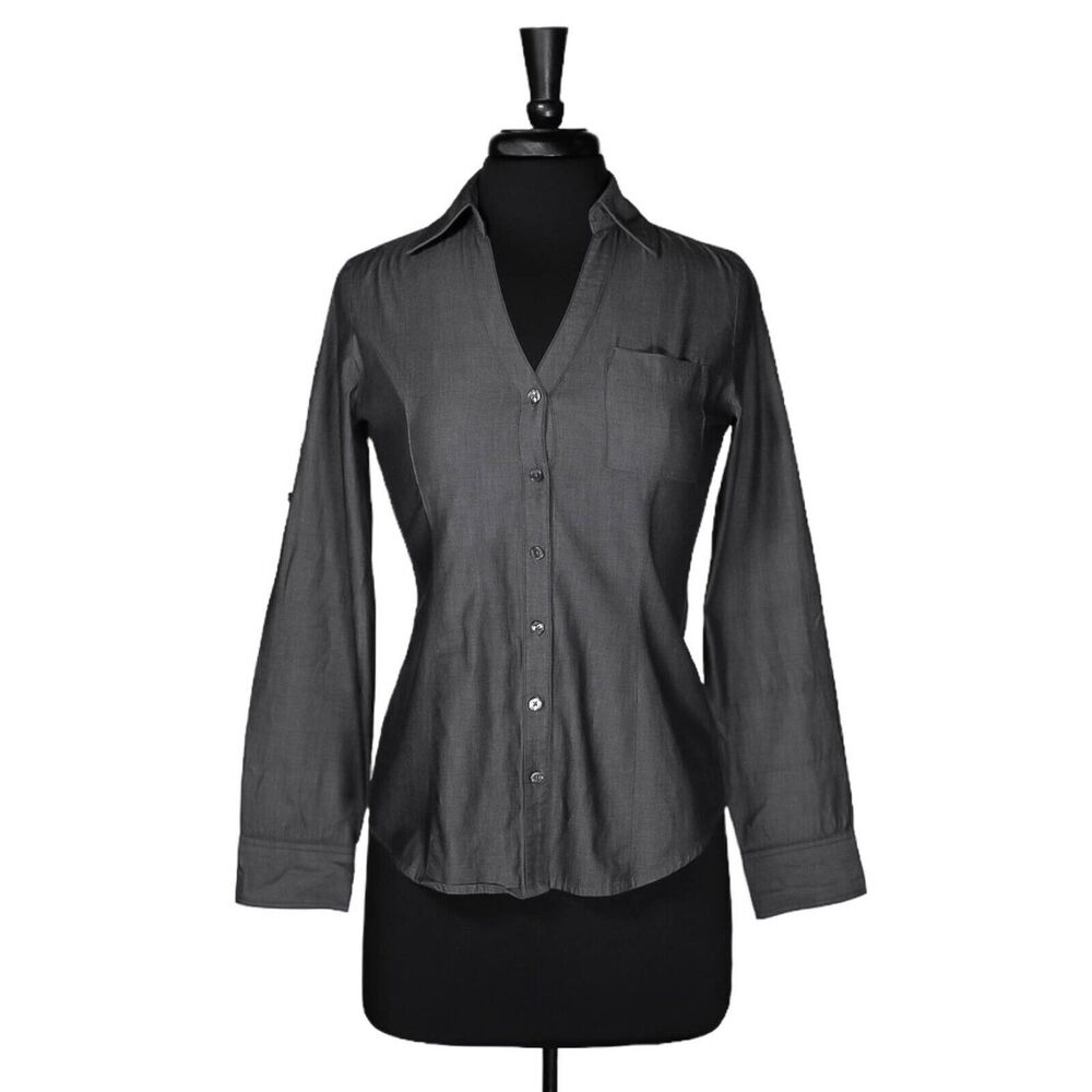 Express Women's Shirt Button Up Gray Chambray V-Neck Long Sleeve Blouse Top S